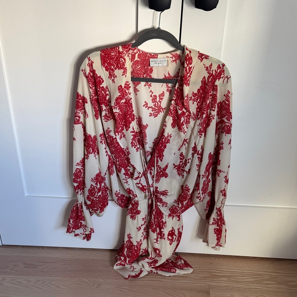Dress Forum Cream and Red Floral Wrap Dress
